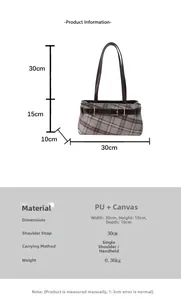 Detailed size chart for plaid canvas Boston handbag with PU leather straps and dimensions