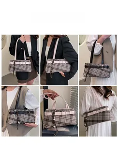 Collage of model carrying retro plaid pillow bag showing various angles and styling ideas