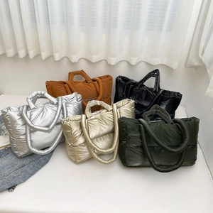 Puffer Tote Bag Quilted Padded Large Capacity Shiny Nylon Shoulder Handbag Minimalist Winter Travel For Women