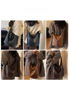 Detailed views of high-capacity bucket bag in black, caramel and dark brown faux leather