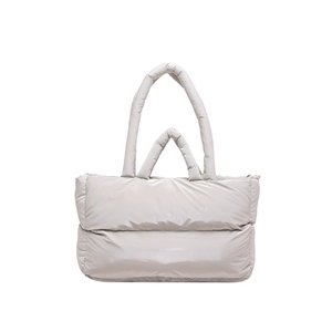 Quilted light gray down fabric tote bag with glossy finish and double shoulder straps