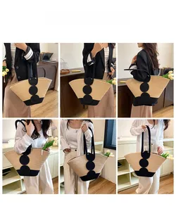 Collage of model wearing a woven bucket bag with contrast black circle details and long straps