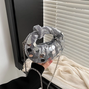 Silver sequin dinner bag with knot handle and detachable metal chain strap for women
