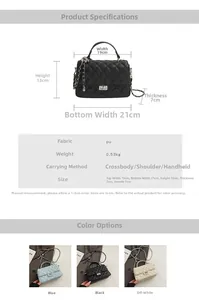 Detailed size specifications for the quilted chain shoulder bag with dimensions