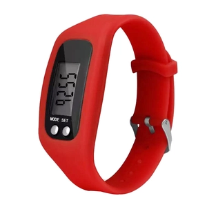 Red silicone fitness tracker watch with LED display and functional mode buttons