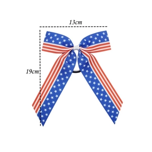 Detail view of Independence Day bow hair tie with dimensions showing 13cm width and 19cm height