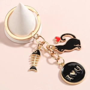 Cartoon black cat keychain with golden fish bone and I Love You heart charms