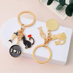 Cartoon black cat keychain with fishbone and I Love You heart pendant for bag charm