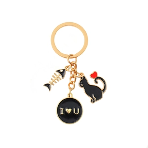Gold alloy cat and fishbone keychain with I Love You heart pendant for bag accessory