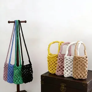 Handmade Woven Cotton Rope Crossbody Phone Bag Hollow Out Mesh Mini Summer Boho Small Shoulder Bag For Women