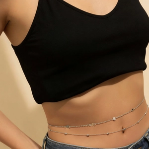 Sexy double-layered silver waist chain with metallic discs and beads for summer bikinis