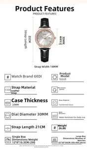Detailed size specifications for women's luxury leather watch with diamond bezel