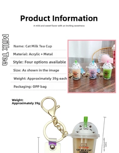 Detail view of cat boba tea acrylic keychain showing dimensions and product specifications