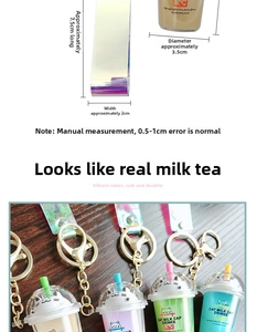 Detailed view of cat-shaped boba tea keychain with measurements and colorful PVC strap