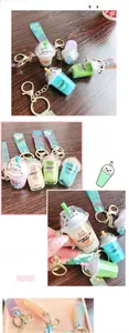 Detail of creative cat milk tea cup keychain with liquid glitter and PVC strap