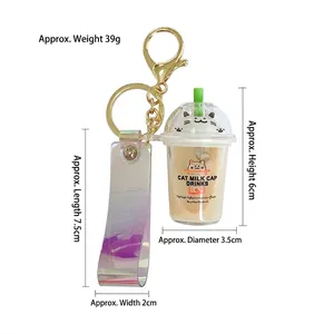 Cat milk tea keychain with holographic strap and liquid cup, size 6cm, weight 39g
