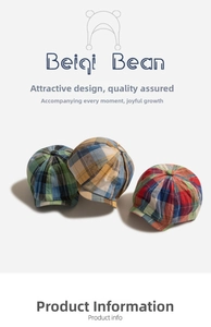 Detailed view of three children's newsboy caps in green, beige, and red plaid patterns