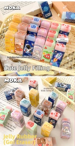 Detail view of cartoon fruit and animal jelly erasers with cute sandwich design patterns