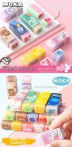 Macro detail of cute cartoon sandwich erasers with colorful jelly texture and patterns