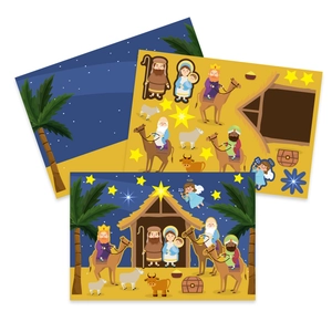 Kids DIY Nativity scene sticker set with desert background and cartoon holy figures