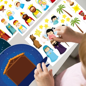 Kids DIY Nativity Scene Christmas Sticker Set with Starry Manger Background Plate