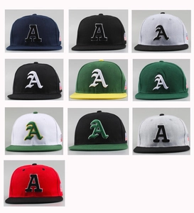 Detail view of cotton snapback hats featuring embroidered A logo and American flag patch