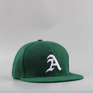 Close-up of white gothic letter A 3D embroidery on a dark green flat brim snapback hat