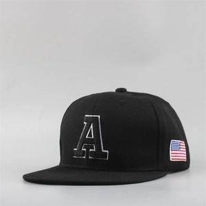 Close-up of high-quality embroidery A and US flag patch on black flat brim hip hop cap