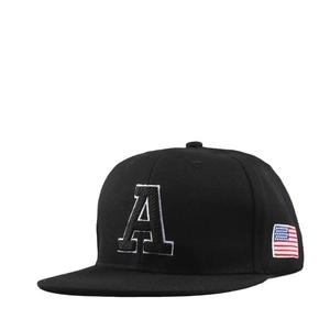 Black flat brim hip-hop baseball cap with white embroidered letter A and USA flag patch