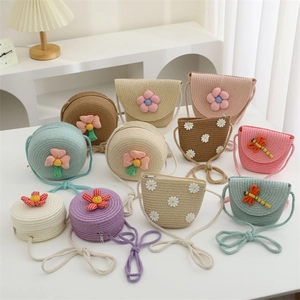 Detailed collection of girls straw crossbody bags with 3D floral and dragonfly decor