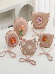 Kids pastoral straw crossbody bags with cute 3D floral and dragonfly decorations