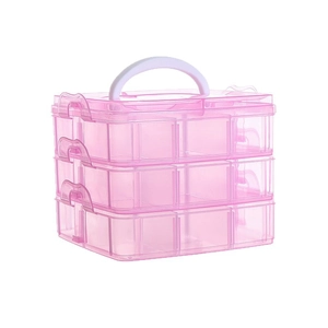 Three-layer pink translucent plastic storage box with handle for jewelry and cosmetics