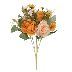 Vibrant orange and pink artificial peony bouquet with white daisies for home decoration