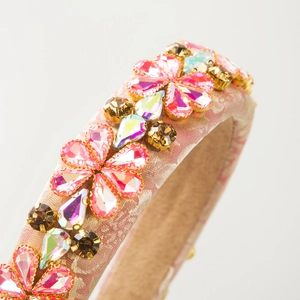 Pink baroque floral headband with sparkling crystal rhinestones for women's party styling