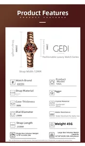 Détails techniques de la montre à quartz or rose avec cadran rouge et index en strass