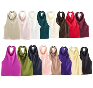 Selection of 16 vibrant colors of women's halter satin tops with elegant draped neckline