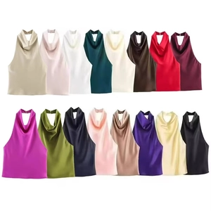Cowl Neck Halter Satin Tank Top For Women Sleeveless Open Back Satin Texture Elegant Chic Camisole Solid Color