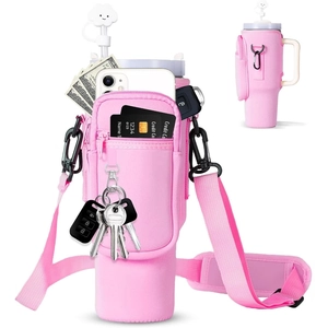 Pink 40oz tumbler carrier bag with adjustable strap and phone pocket for sports water bottles