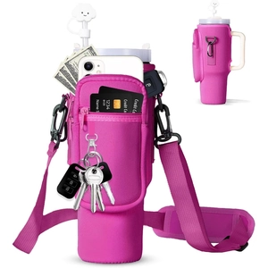 Hot pink neoprene 40oz tumbler pouch with adjustable strap and storage for phone and cards