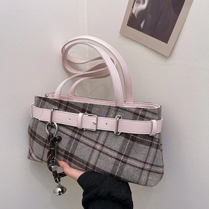 Vintage plaid Boston pillow handbag with pink leather handles and hanging metal charms