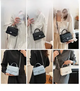 Detail view of quilted chain bag in black, light blue, and creamy white options