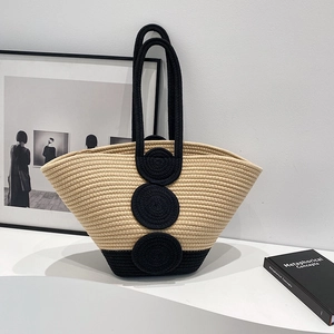 Woven Tote Bag Straw Color Block Large Capacity Handmade Handbag For Women Summer Vacation Beach Style