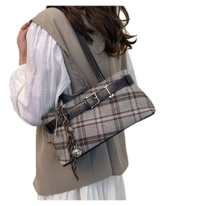 Retro plaid boston bag in wool fabric with leather buckle and silk scarf charm