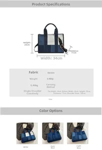 Detailed size guide for denim patchwork tote bag showing dimensions and crossbody strap length
