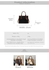 Detailed size guide for fashion PU leather handbag with 25x20x9cm dimensions