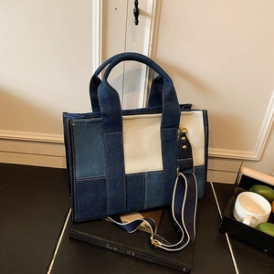 Large capacity denim tote bag with color block design for shoulder and crossbody wear