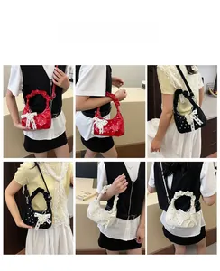 Detailed views of cloud handbag with pearl heart pendant and lace bow in three colors