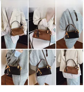 Collage of brown and black retro crossbody bags with wooden bead tassels on models