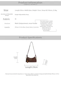 Tableau des tailles pour sac bandoulière vintage en PU avec dimensions de 29x8x12cm
