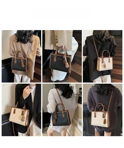 Detailed views of leather tote bag in black and cream with crossbody and hand-carry options